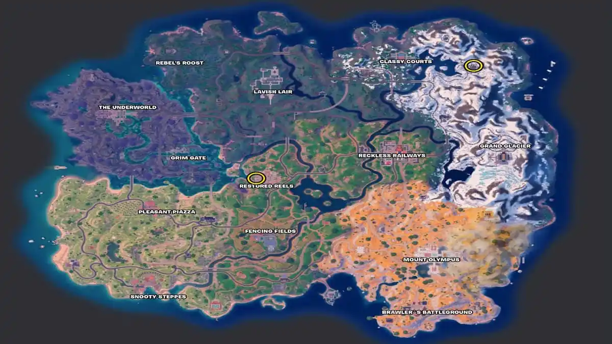 Carte de la saison 2 du chapitre 5 de Fortnite avec les emplacements de la scène des bobines restaurés et de la piste de danse du sommeil marqués