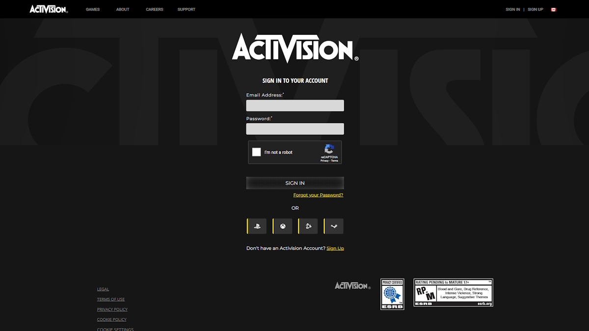 Page de connexion de Call of Duty : Warzone Activision
