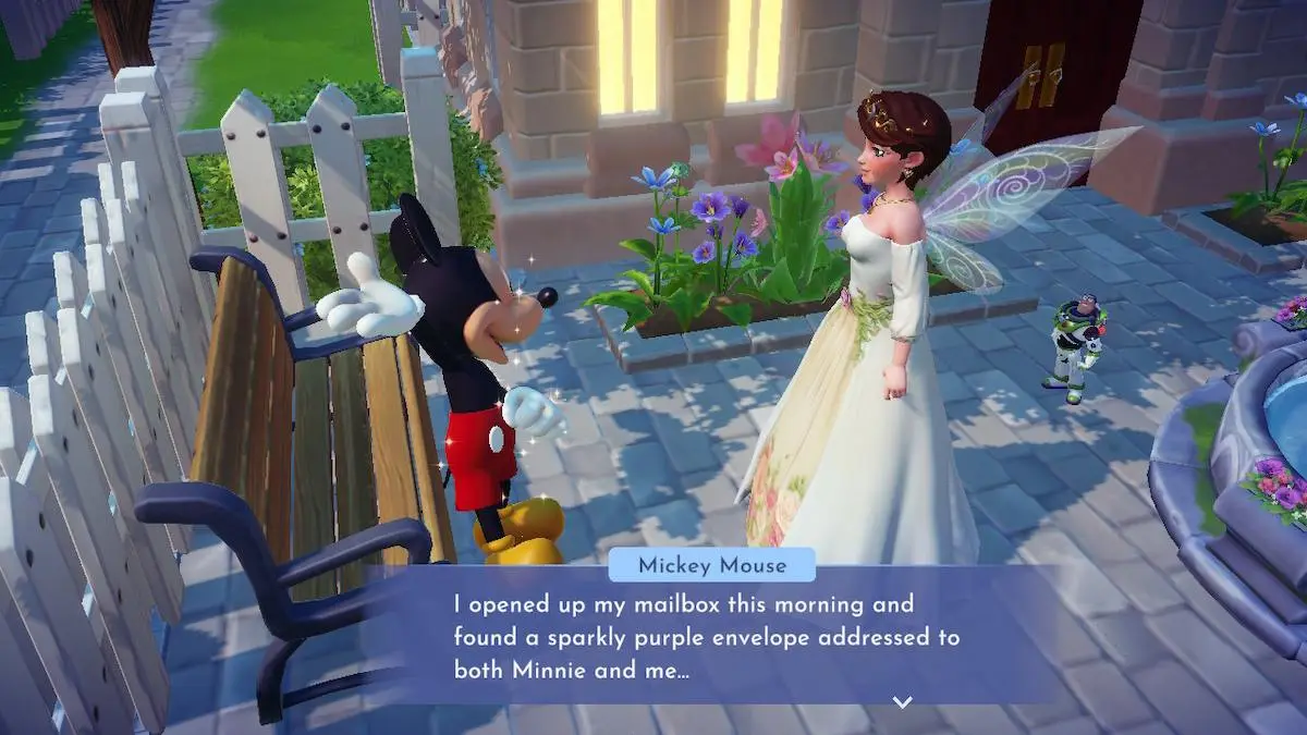 Un avatar féminin de Disney Dreamlight Valley parle à Mickey Mouse de la lettre violette qu'il a reçue.