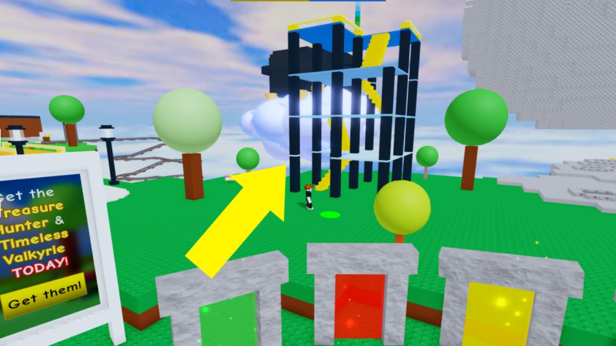 Une flèche pointant vers une tour dans Roblox The Classic