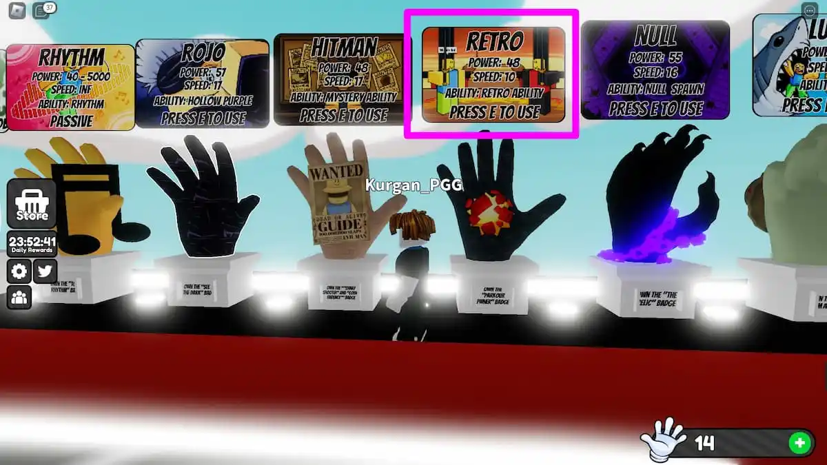 Joueur regardant les gants affichés dans le hall lors des Slap Battles