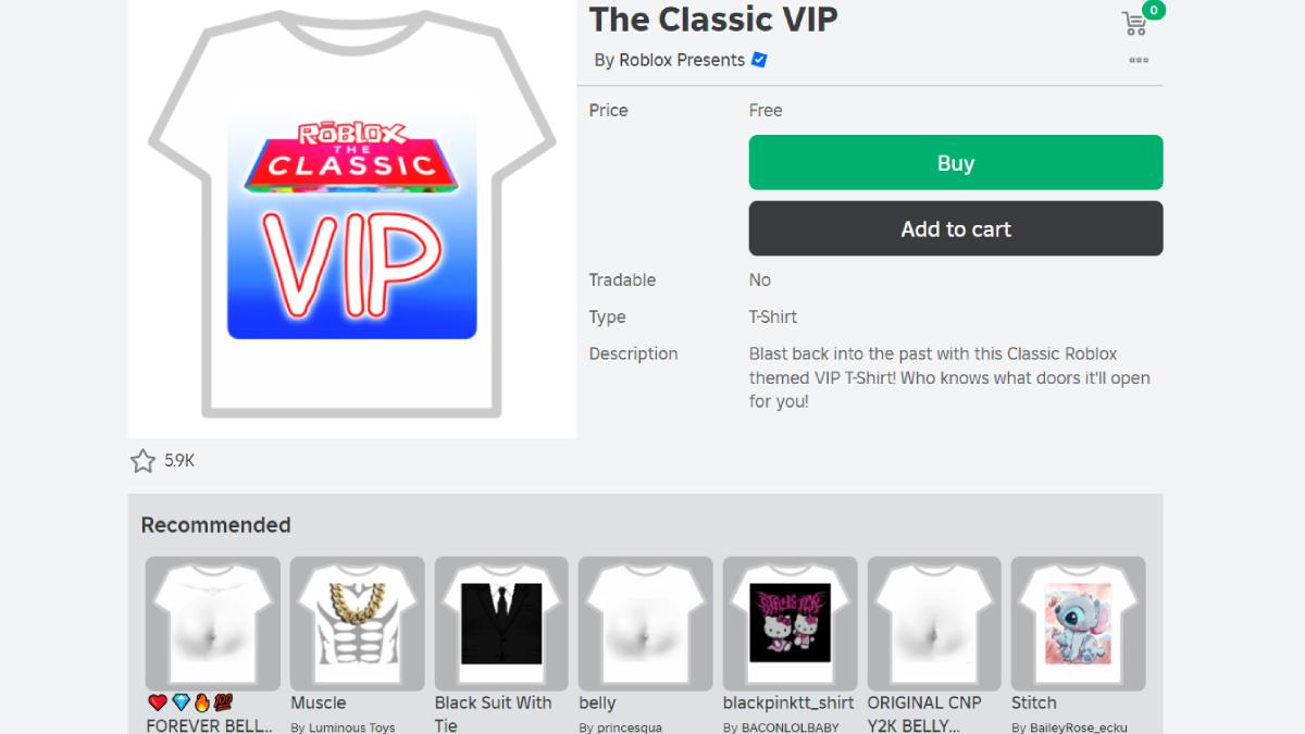 Page du catalogue des chemises VIP Roblox The Classic