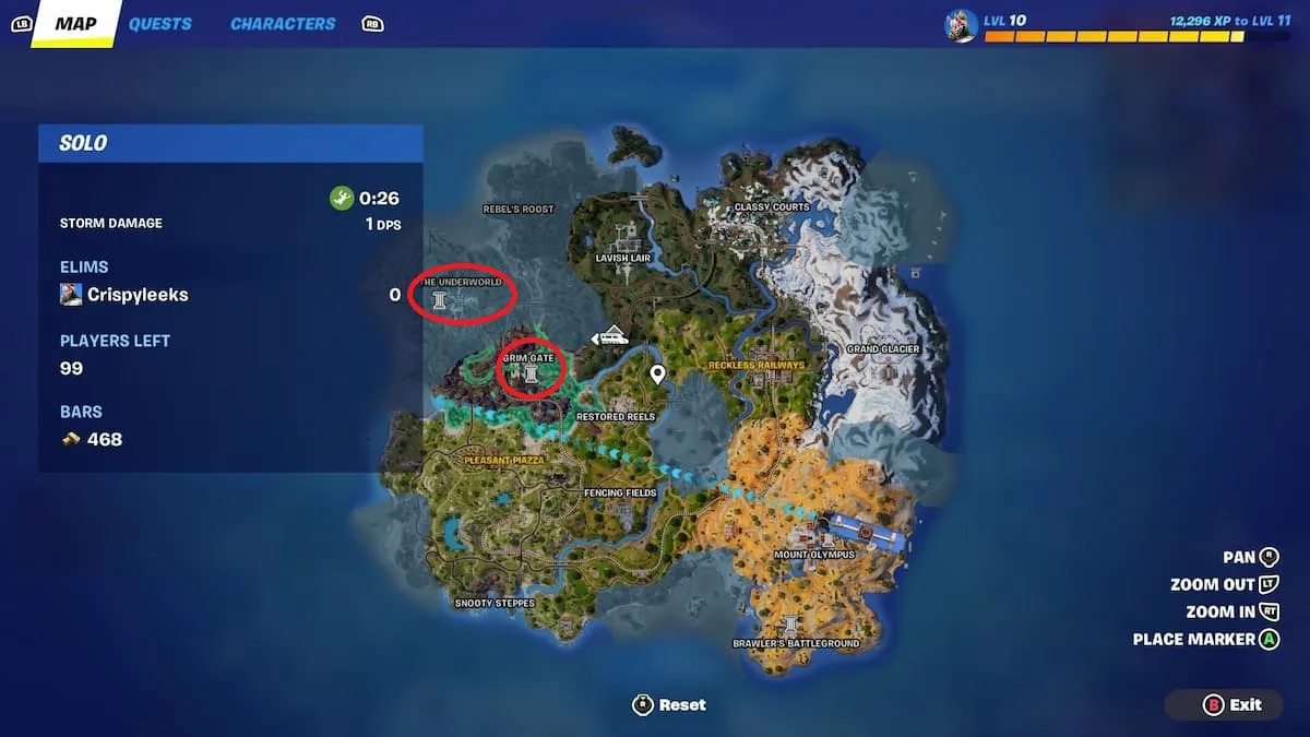 Carte de Fortnite avec les emplacements The Underworld et Grim Gate marqués dessus