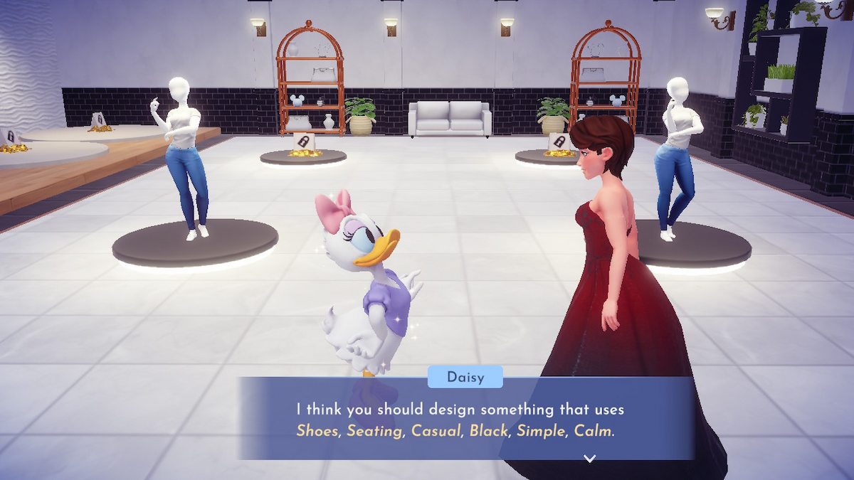Un avatar féminin de Disney Dreamlight Valley parlant à Daisy Duck de leur premier défi quotidien dans la boutique.