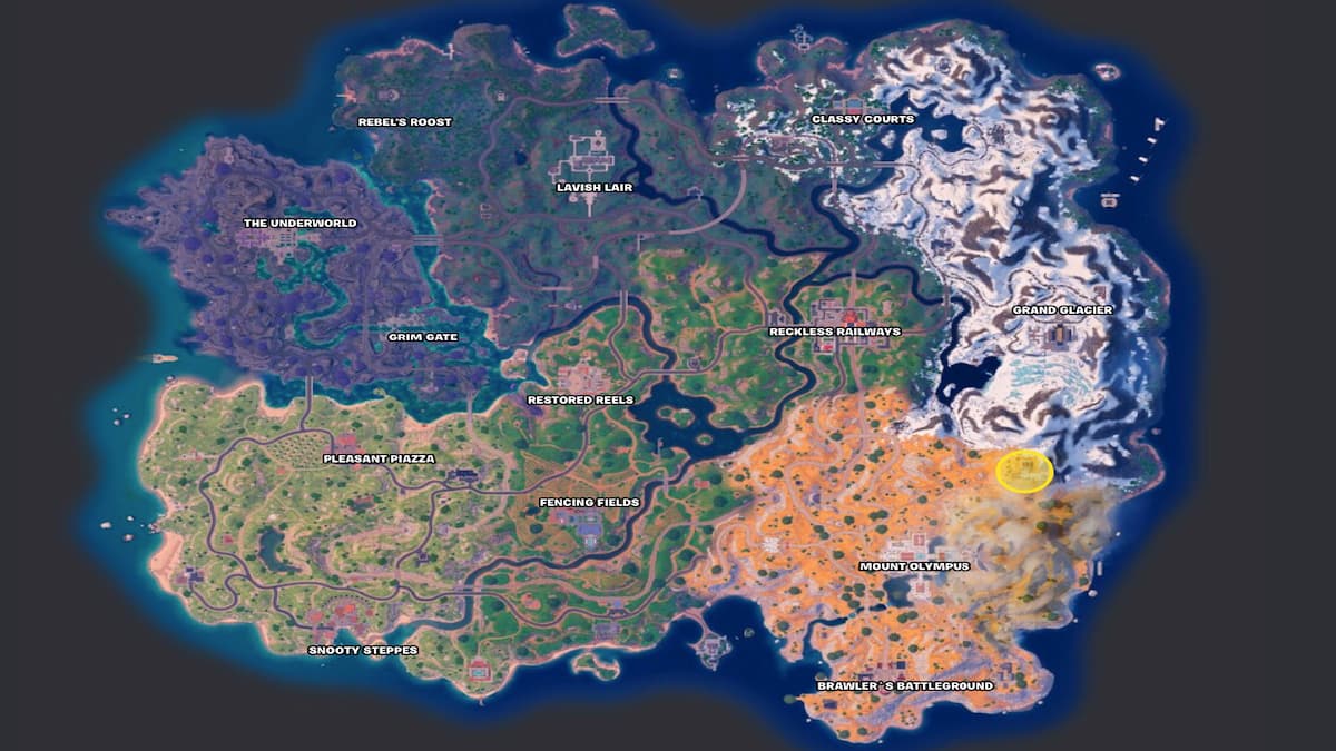 Carte Fortnite Chapitre 5 Saison 2 avec l'emplacement du Temple du Sommet marqué