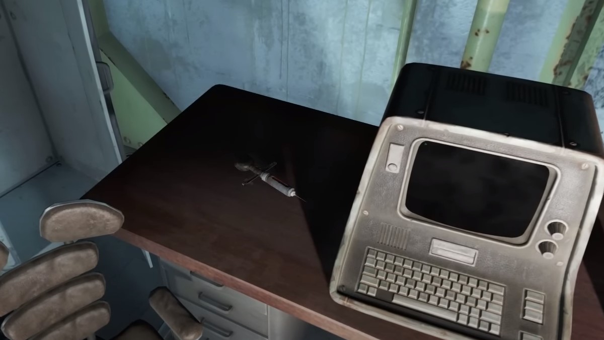 Un stimpak posé sur un bureau dans Fallout.
