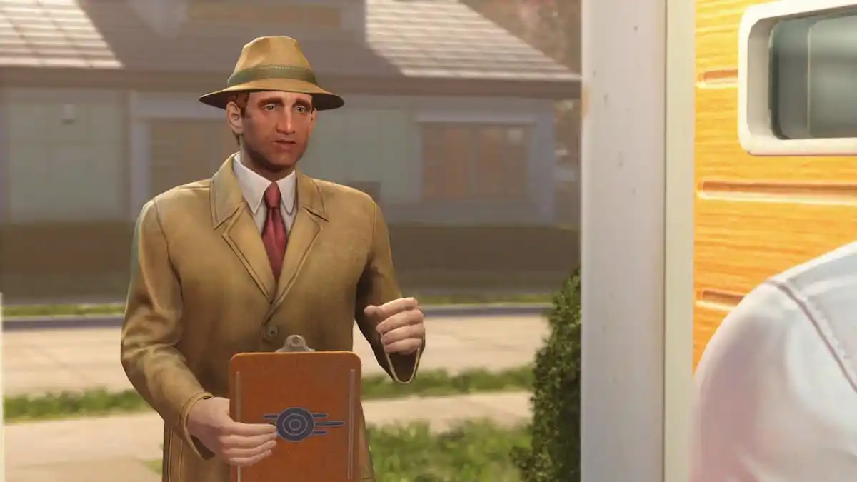 Vendeur de Vault-Tec lors de la cinématique d'ouverture de Fallout 4.
