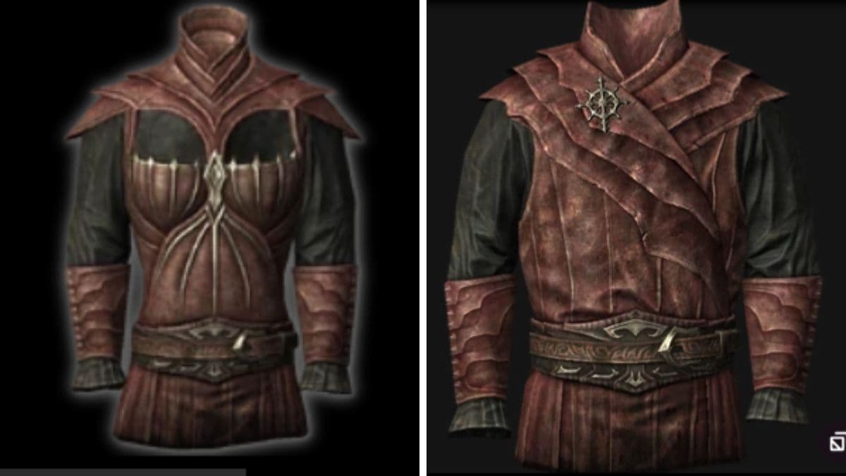 Armure de vampire féminine et masculine côte à côte dans Skyrim 