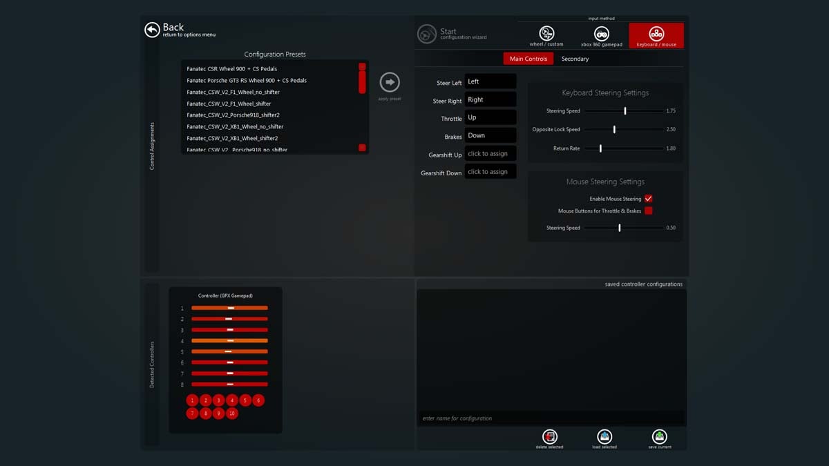 Paramètres avancés de la souris et du clavier dans Assetto Corsa