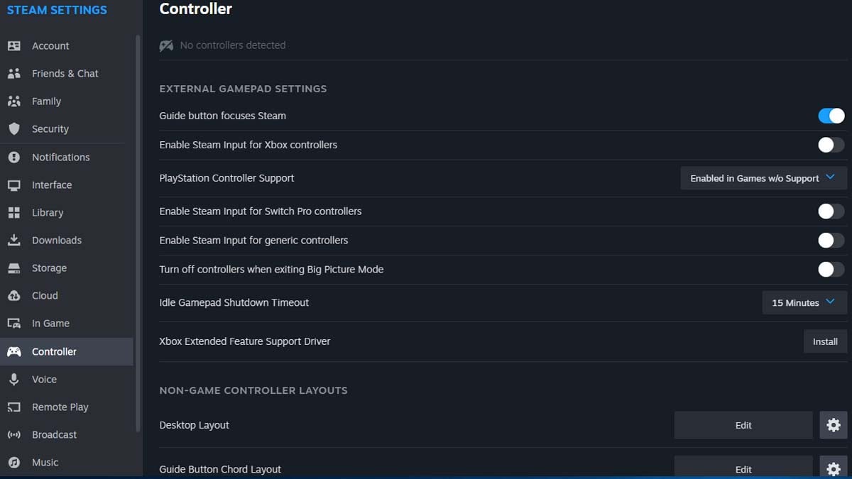 Paramètres du contrôleur de manette de jeu dans Steam