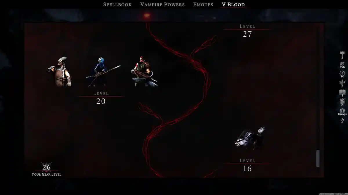 Capture d'écran de V Rising, montrant le menu V Blood et les boss respectifs disponibles à chasser.