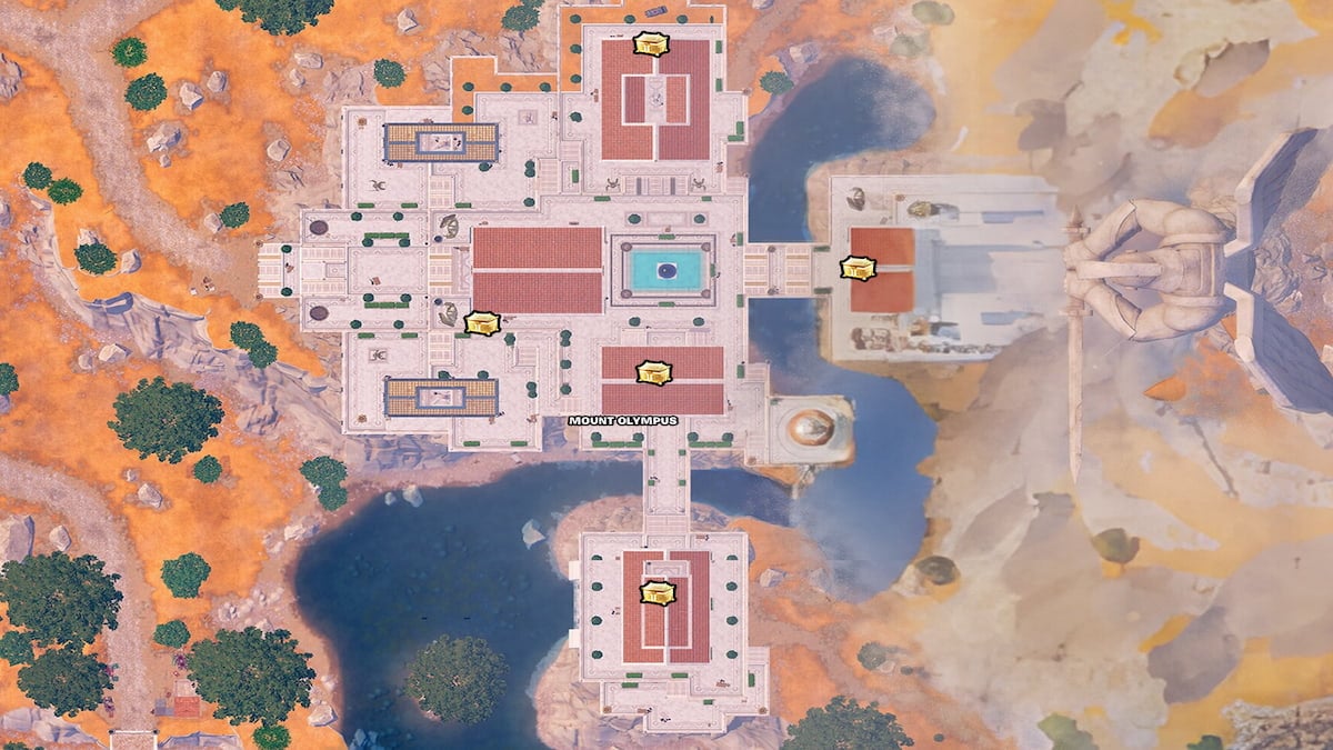 Aperçu de la carte de la saison 2 du chapitre 5 de Fortnite du mont Olympe où les coffres divins apparaissent