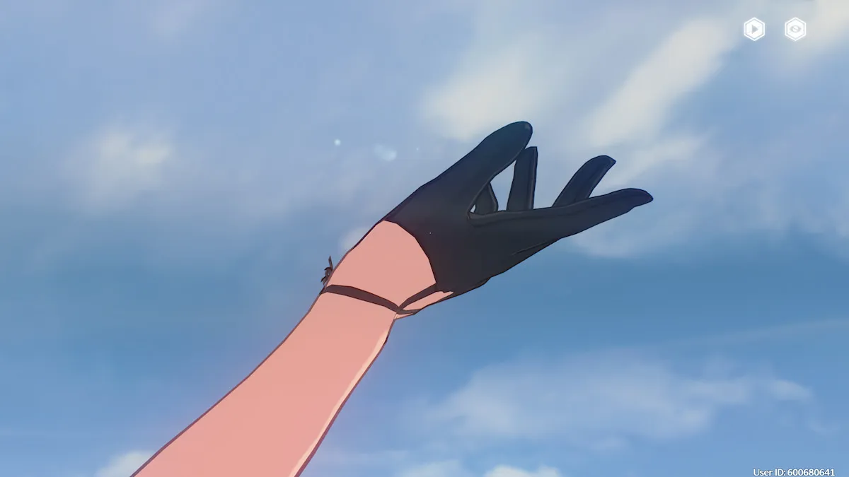 Une main faisant un geste unique lors d'une cinématique dans Wuthering Waves.
