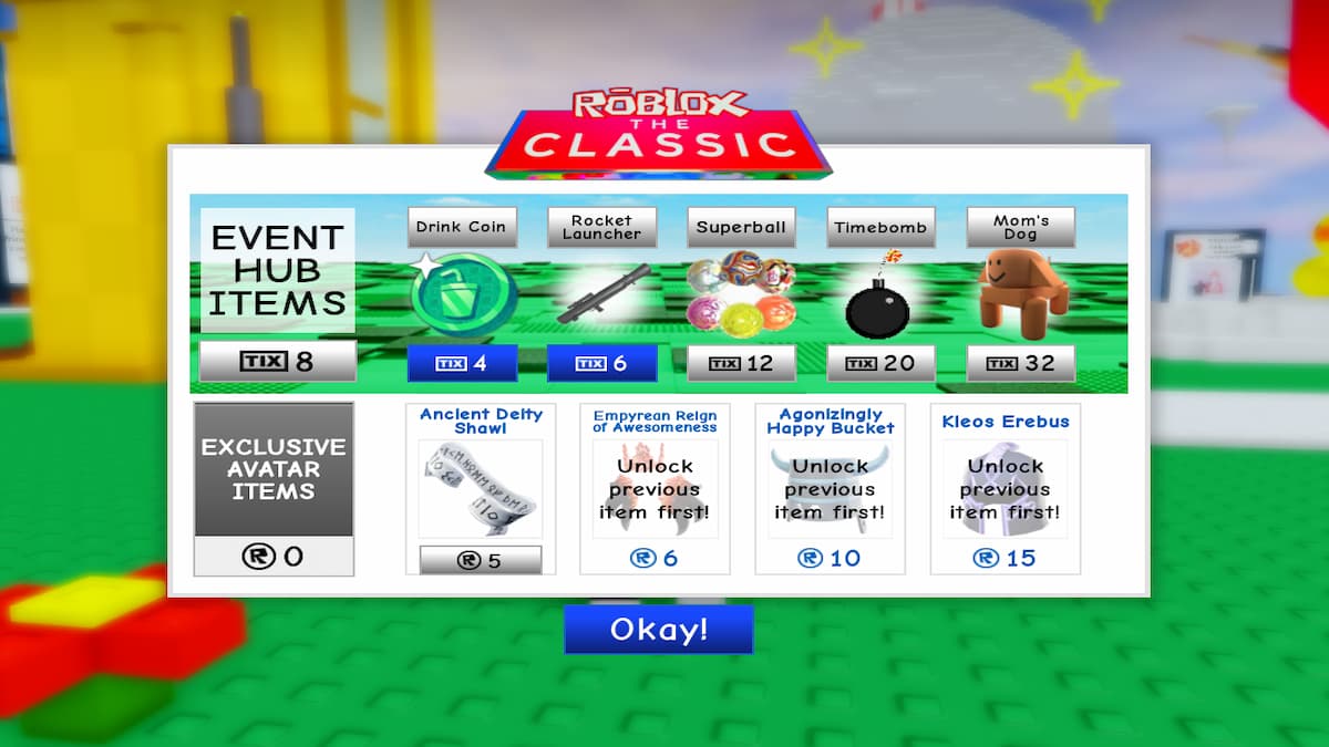 Le menu Objets d’avatar exclusifs dans Roblox Classic Event