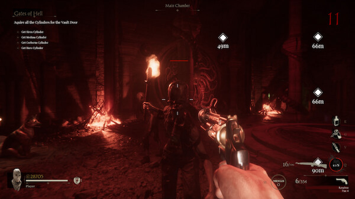 Apparence de gameplay d'un joueur tenant une arme à feu pendant un niveau dans Sker Ritual