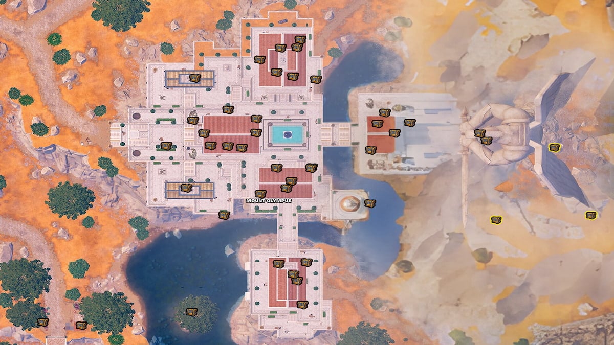 Aperçu de la carte du mont Olympe du chapitre 5 de la saison 2 de Fortnite avec tous les emplacements d'apparition des coffres 