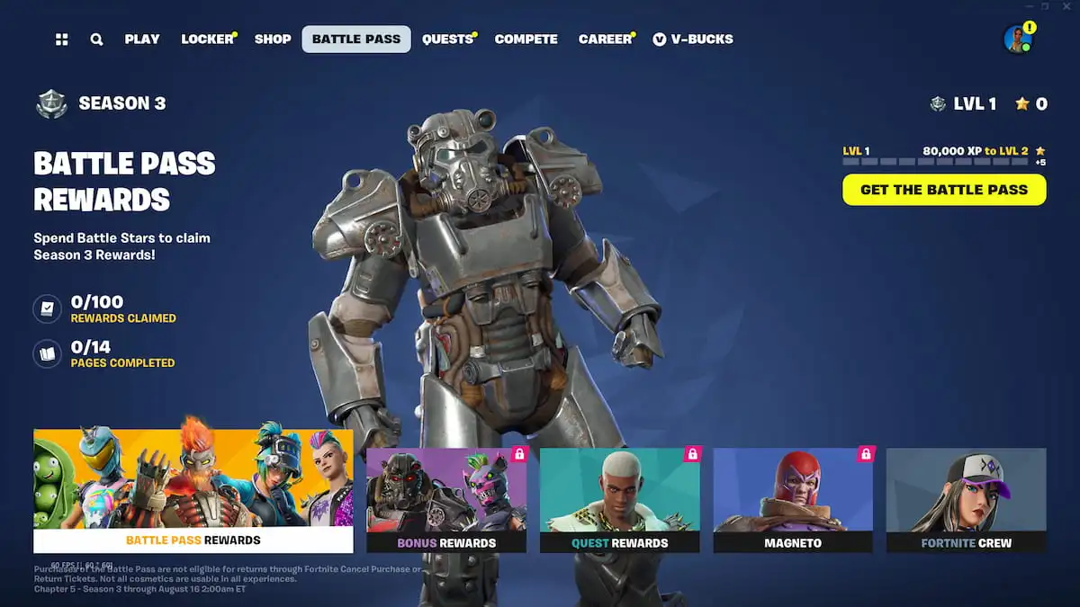 Le menu principal du Battle Pass dans Fortnite, avec le menu Battle Pass Rewards mis en évidence en bas à gauche