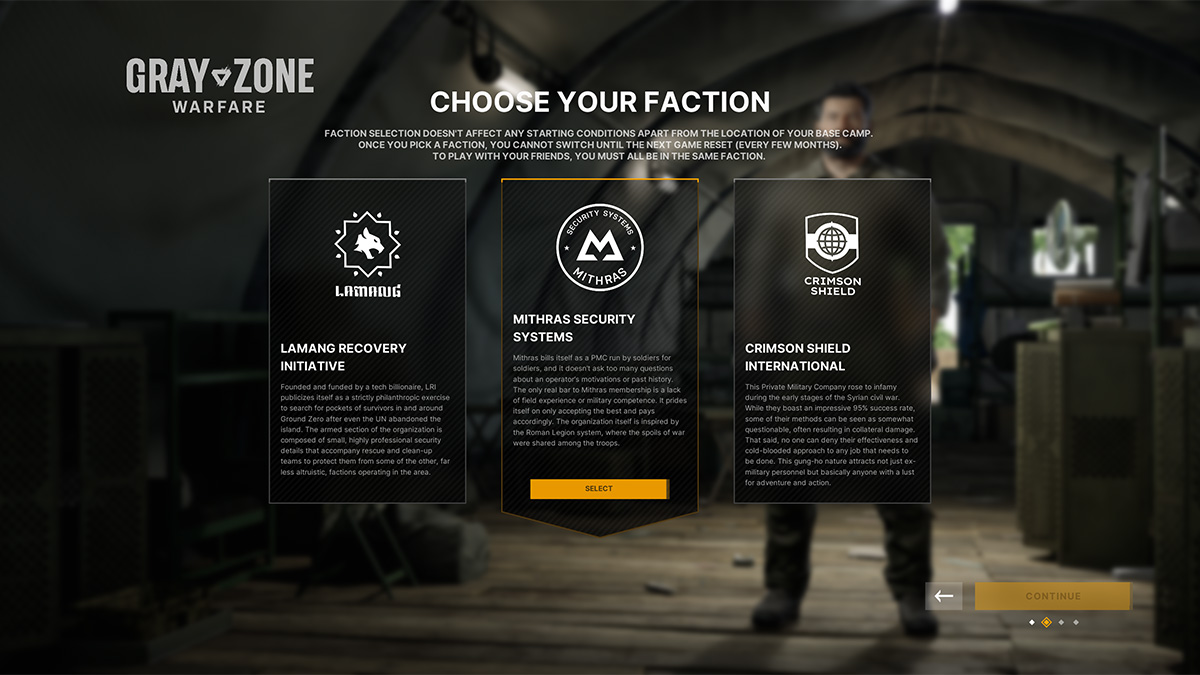 L'écran de sélection de faction dans Grey Zone Warfare