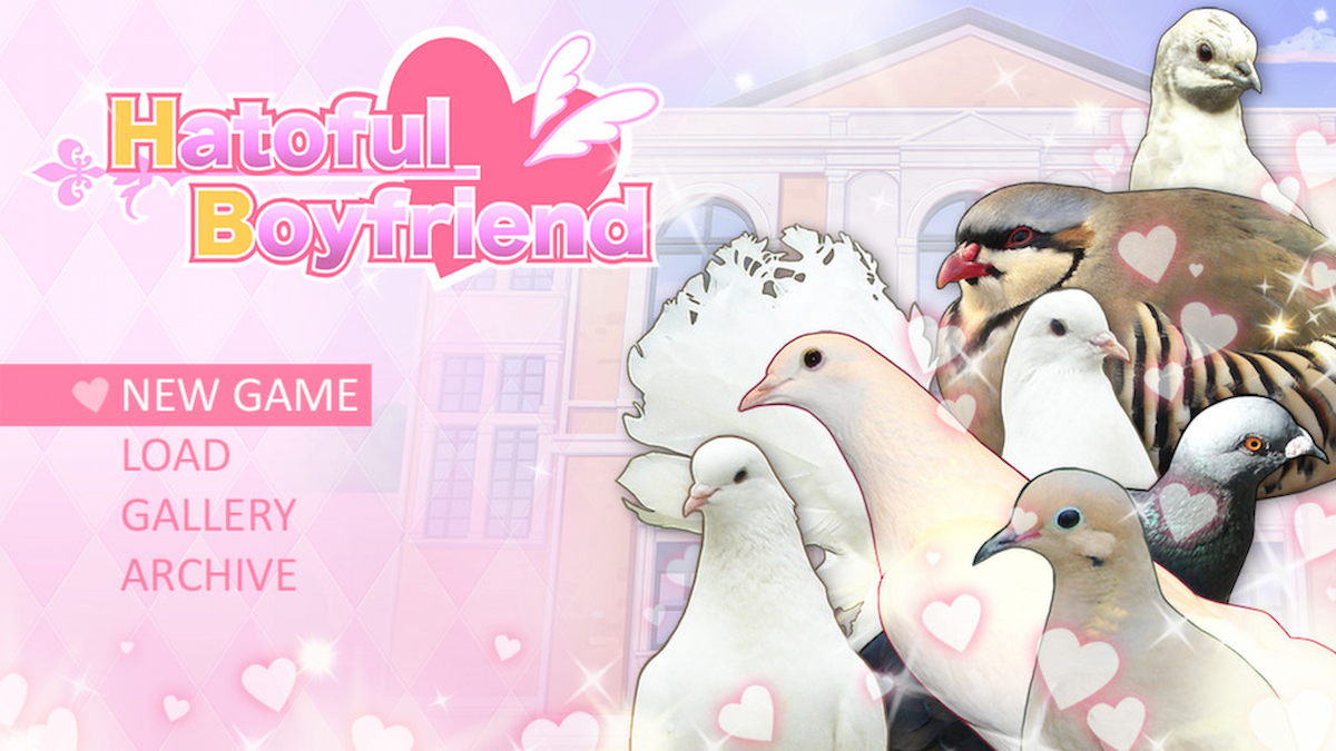 Capture d'écran du menu principal du jeu otome Hatoful Boyfriend.