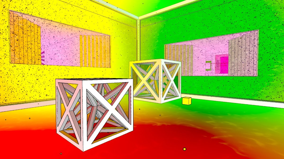 Une pièce contenant deux cubes dans l'Antichambre éclairée en trois couleurs : jaune, vert et rouge.