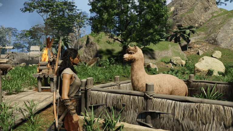 Player standing next to Alpaca mount animal in fenced area in Soulmask