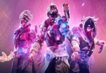 three destiny 2 characters in front of a neon background