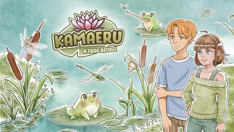 Kamaeru: A Frog Refuge official artwork featuring Cleo, Axel, and frogs