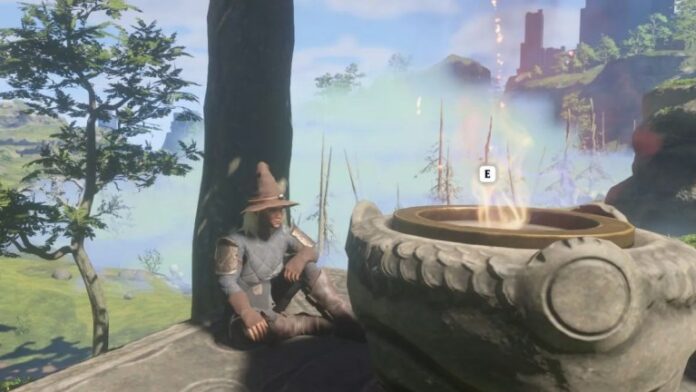 Character sitting by a flame altar in enshrouded.