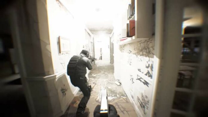 Players walking down a hallway with weapons in Bodycam
