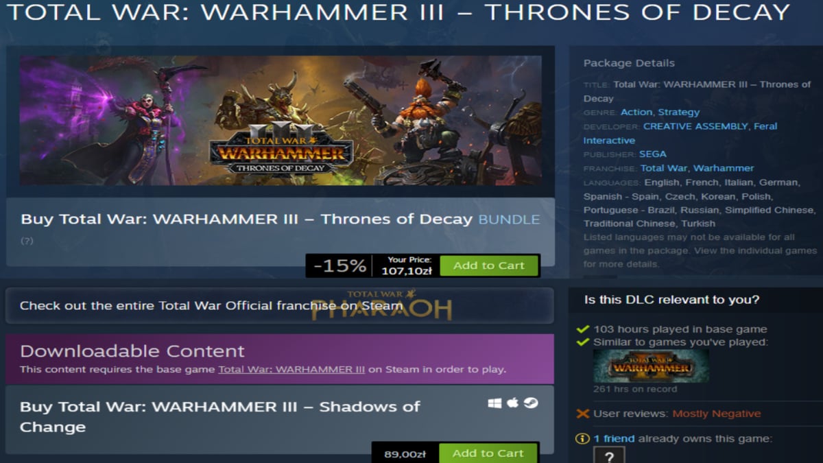 Page de la boutique Steam de Total War: Warhammer III - Thrones of Decay