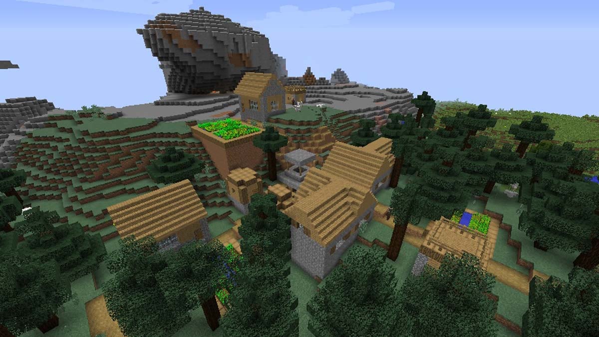 Collines rocheuses et village à flanc de falaise dans Minecraft