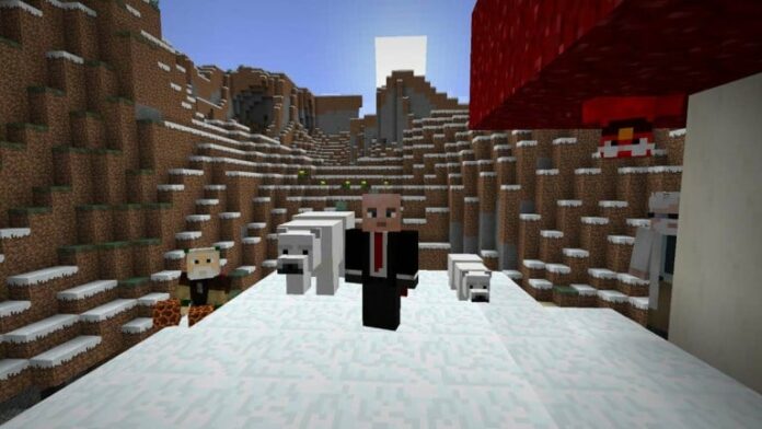 Steve stands with a pair of polar bears in Minecraft