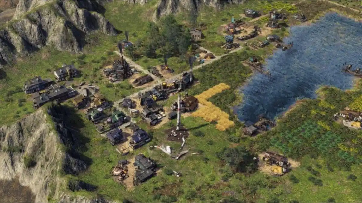 Village en jeu à côté d'un lac et de montagnes dans Endzone 2