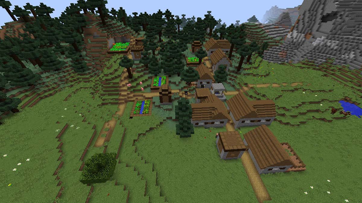 De nombreuses fermes dans un village de la taïga dans Minecraft