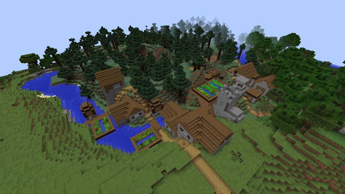 Petite rivière et village de la taïga dans Minecraft