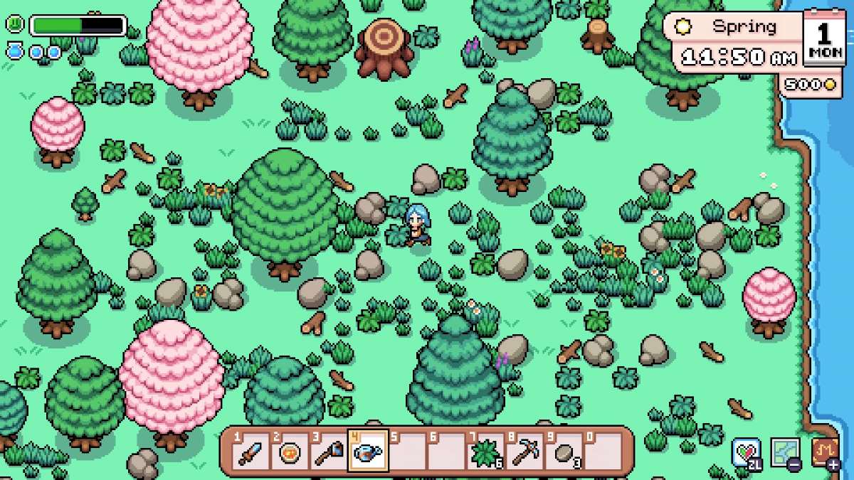 Le joueur navigue dans un champ rempli de ressources dans Fields of Mistria