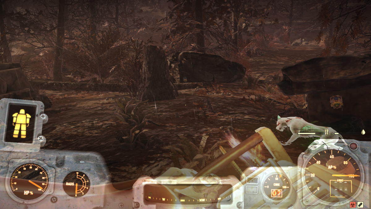 Trois rochers avec une souche d'arbre au centre dans Fallout 76