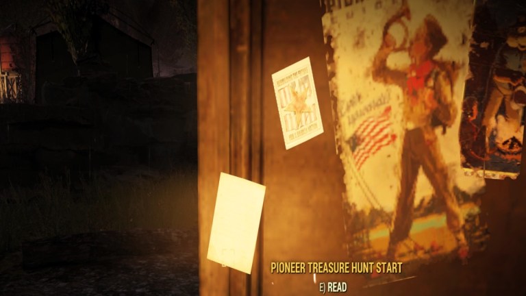 Obtaining the Pioneer Treasure Hunt Start note at Camp Liberty in Fallout 76