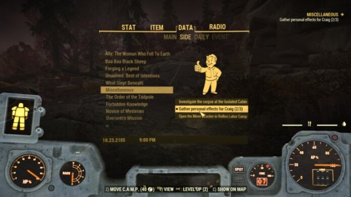 The quest log entry for the Gather Personal Effects for Craig quest in Fallout 76