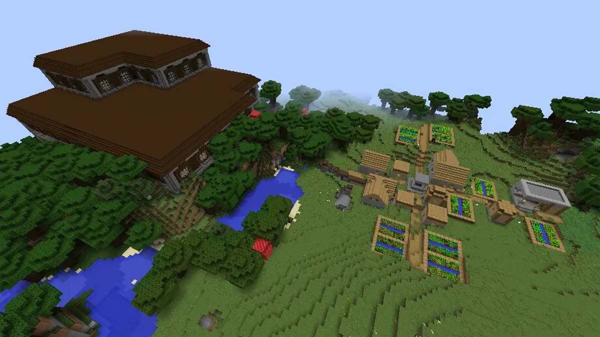 Manoir et village boisés dans Minecraft