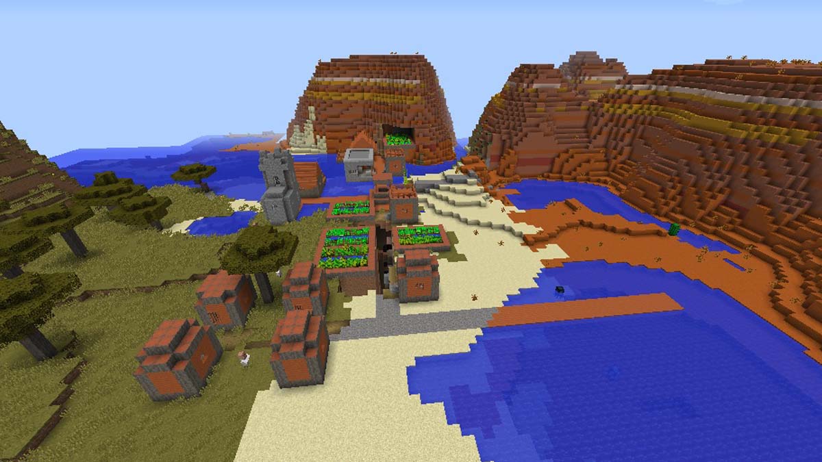 Badlands et village fluvial dans Minecraft