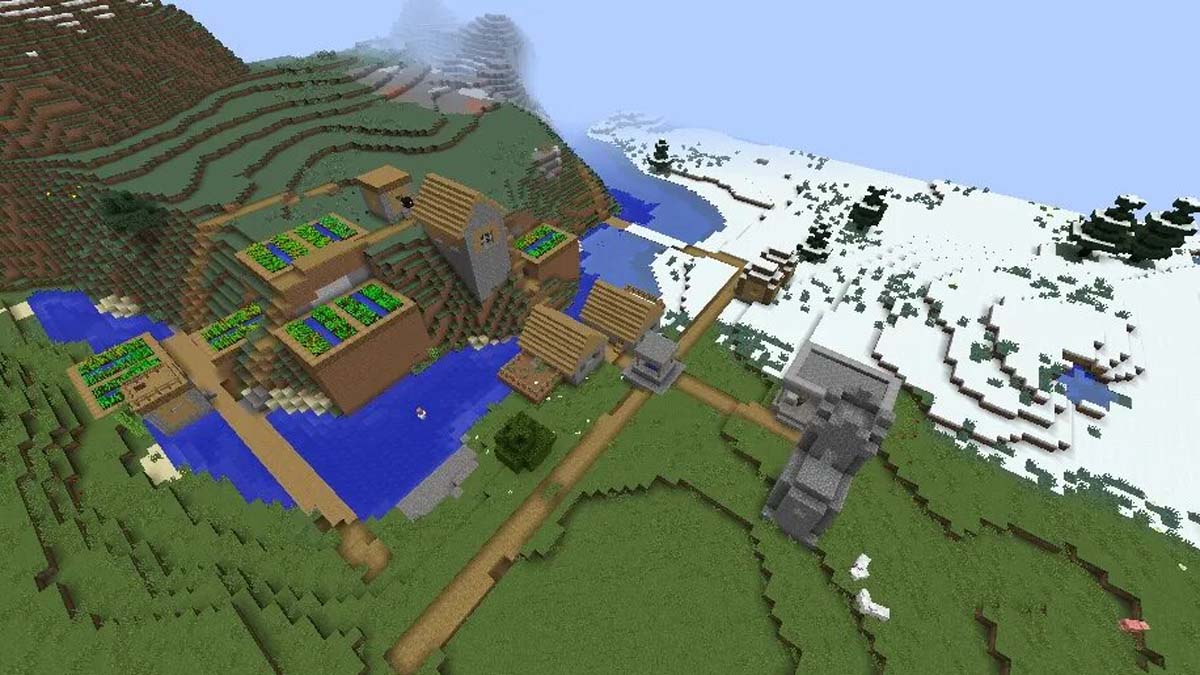 Trois biomes et village dans Minecraft