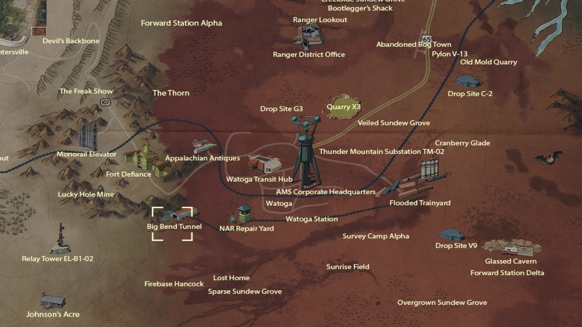 L'emplacement du tunnel Big Bend indiqué sur la carte dans Fallout 76.