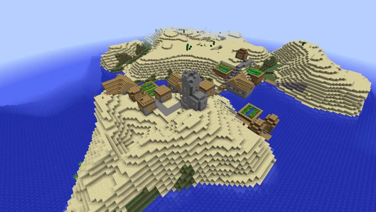 Île déserte et village des plaines dans Minecraft