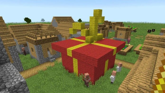 A huge red present box in Minecraft