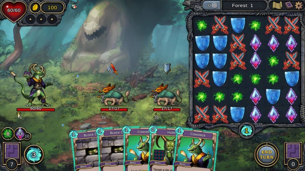 Gameplay de Demon's Mirror.  Une main de cartes en bas de l'écran, et un jeu de match à droite.