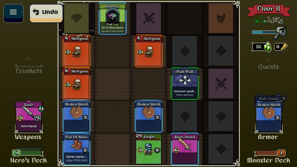 Gameplay de Lost For Sword.  Un donjon rempli de cartes pour les ennemis, les armes et les armures.