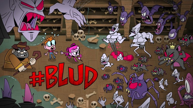 Becky and other characters from #Blud fighting vampires in a crypt.