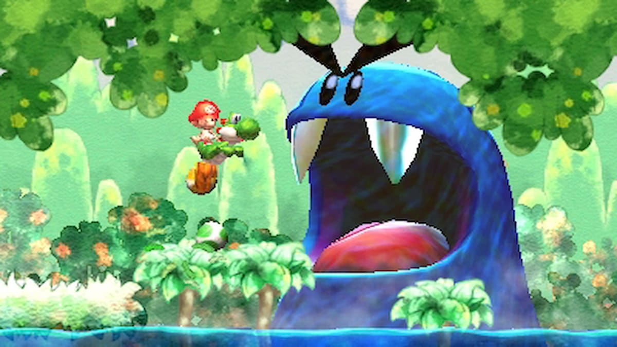 Une capture d'écran de Yoshi et Baby Mario du jeu Yoshi's New Island