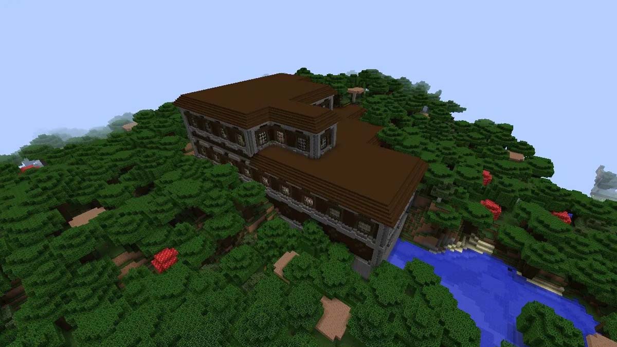 Manoir boisé sur une rivière dans Minecraft